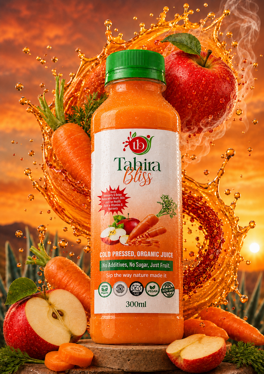 Fresh organic apples with Tahira Bliss bottle on ice