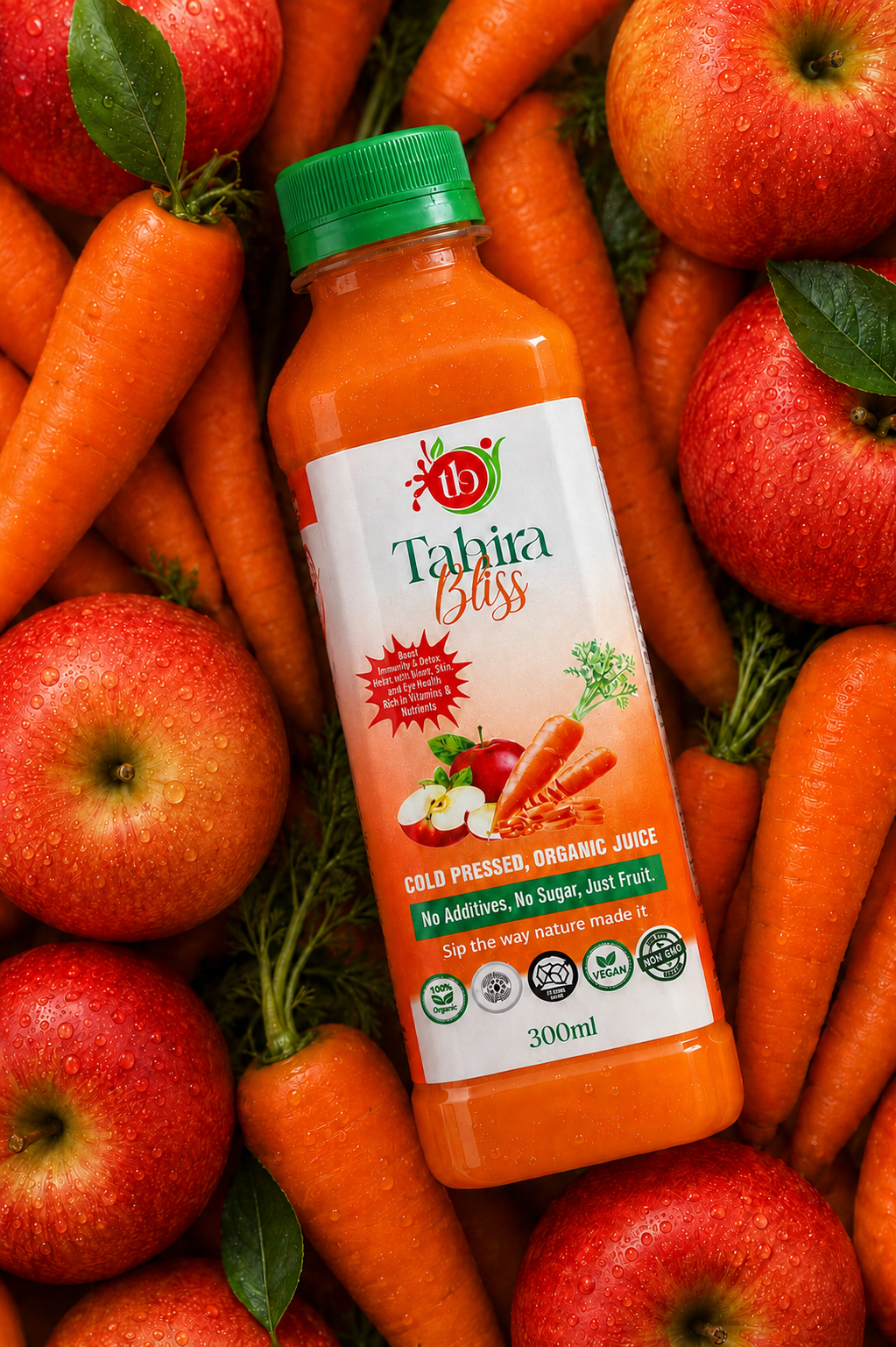 Fresh organic carrots with Tahira Bliss bottle splashing